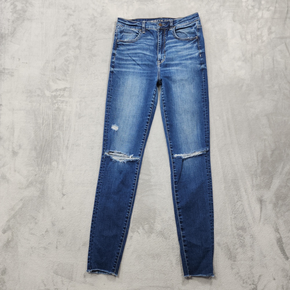 American Eagle Jeans Womens 8 LONG Blue Highest Rise Jegging Distressed Stretch